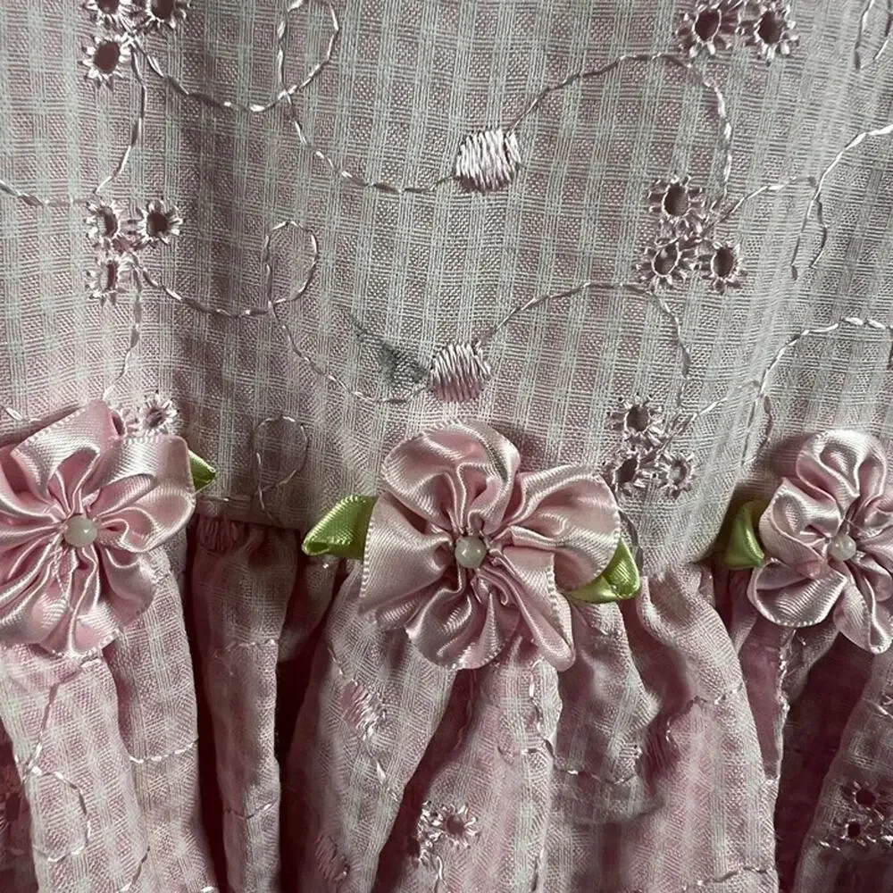 Ashley Ann Pink & White Plaid Embroidered Dress | Floral Bow Back Girls Size 6X